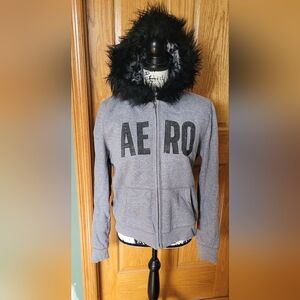 Aeropostale Y2k Vintage Hoodie With Fur Trim Size Xxl Gray Black Animal Print